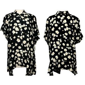 Lord & Taylor Woman Black Floral Sofia Asymmetrical Blouse Ruffle Detail 1X New